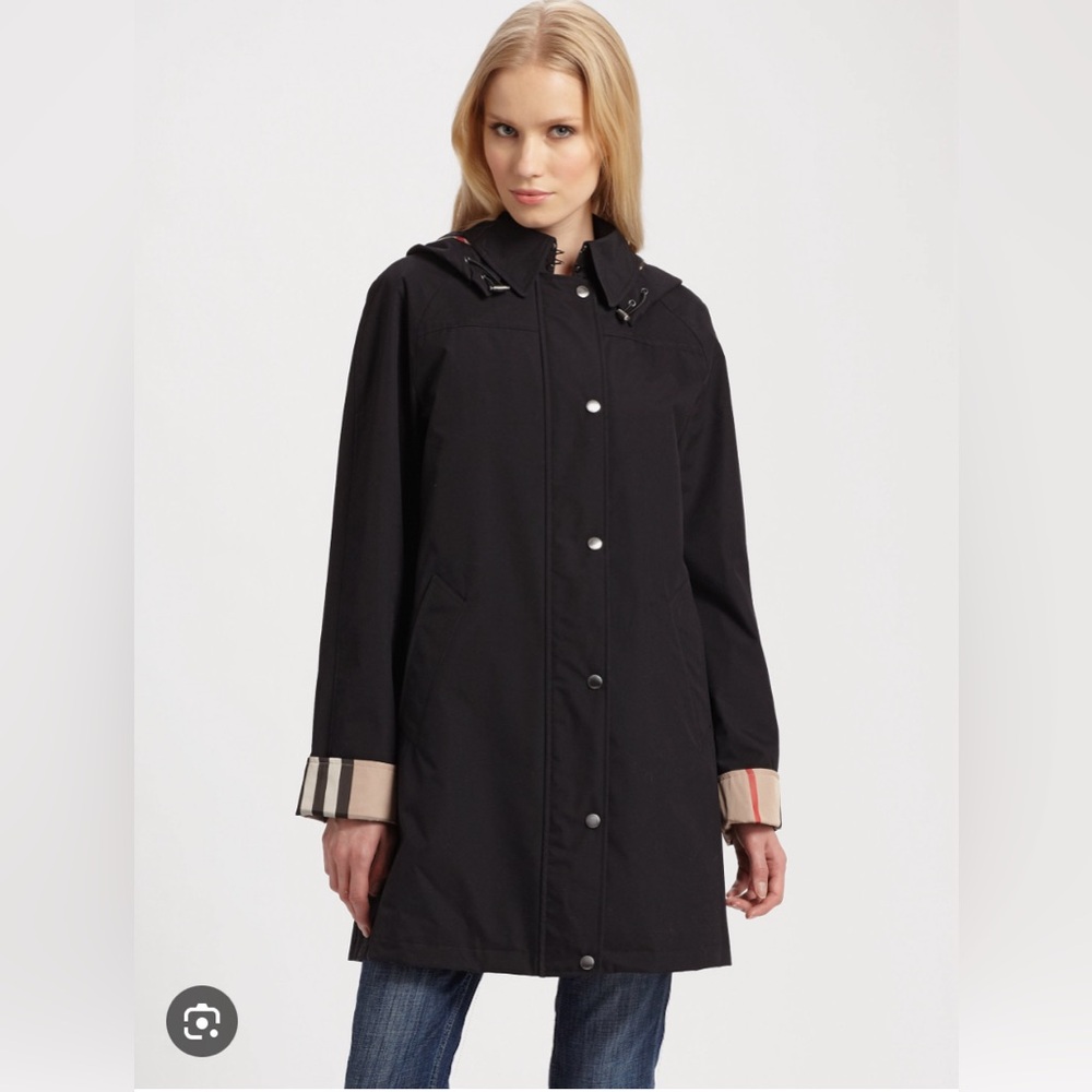 Burberry Black Hooded Trench Coat with Signature Check Cuffs